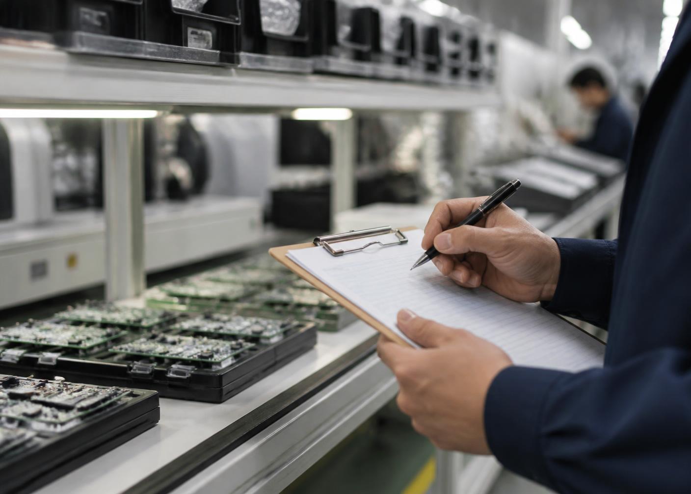 Inspección de calidad con checklist en una fábrica de electrónica en Shenzhen
